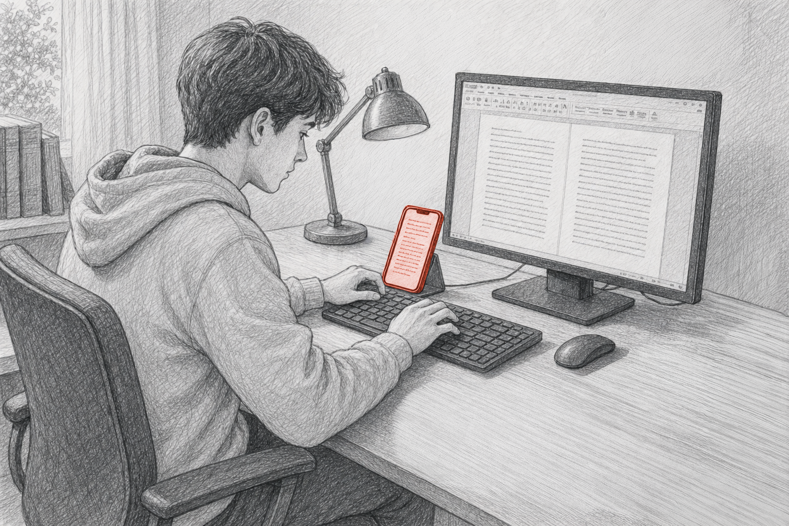 Pencil sketch of a student transcribing text from a phone into a word processor
