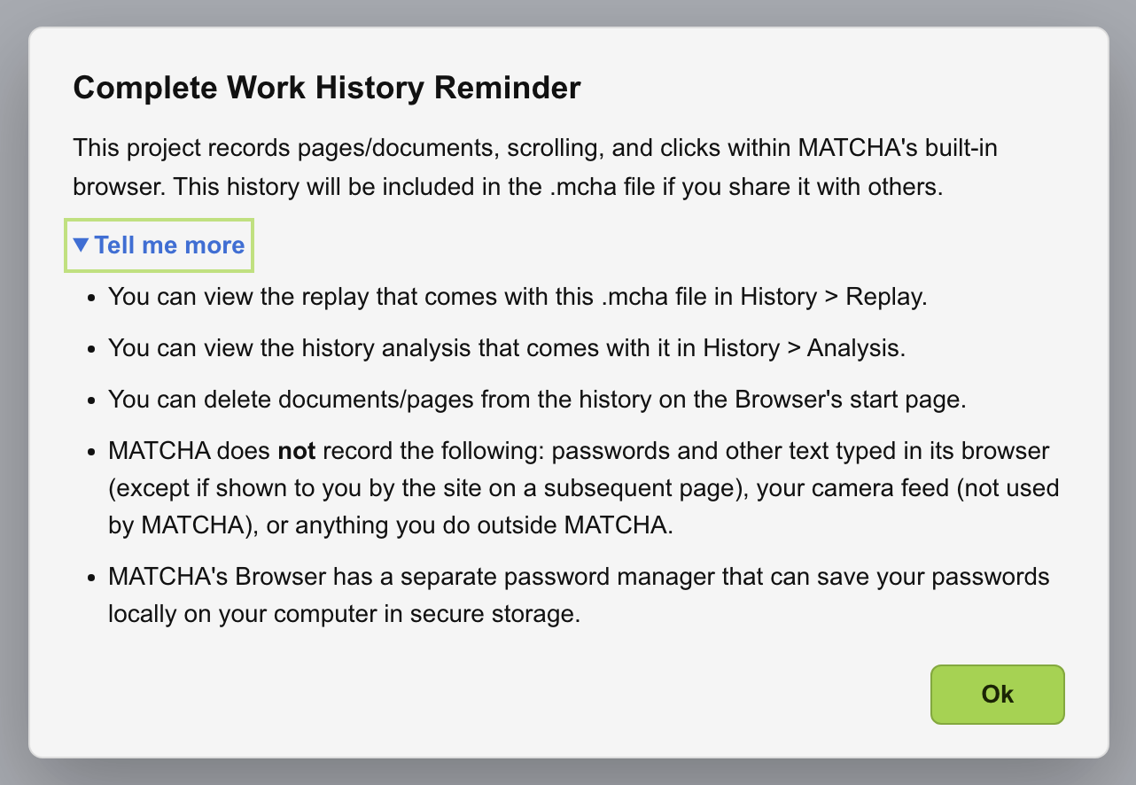 Screenshot of the reminder shown when complete work history is enabled in MATCHA