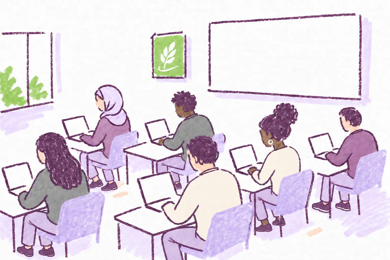 Marker-doodle illustration of students using laptops for a writing activity in a classroom