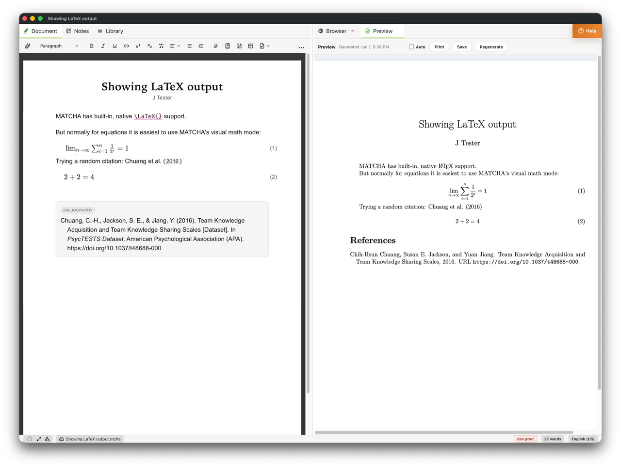 LaTeX input and output screenshot showing the rendered document preview in MATCHA