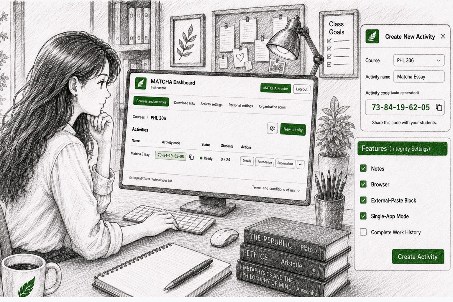 The instructor uses the MATCHA Dashboard to create an in-class activity, enabling Copy-Paste Block and Single-App Mode to prevent students from using AI tools outside of MATCHA.