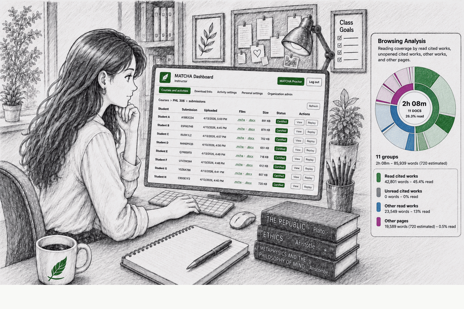 The instructor receives certified .docx or .mcha submissions with editing and reading histories, which are summarized and can be replayed.