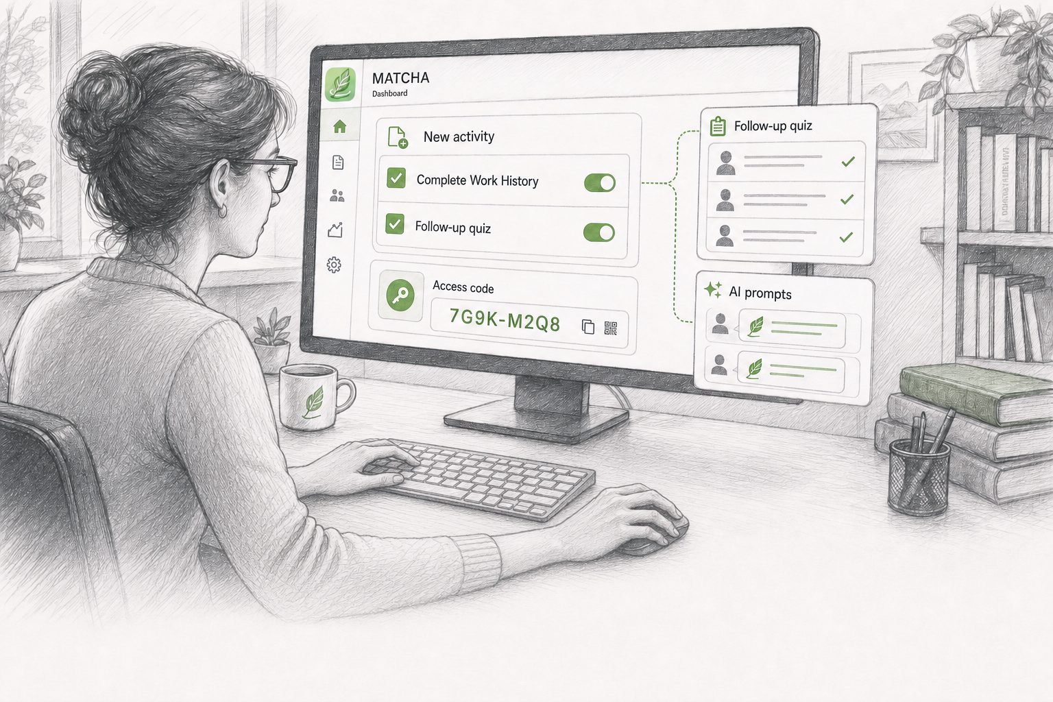 Instructors create unsupervised activities with the Complete Work History and Follow-up Quiz features. They distribute access codes to students. They prepare follow-up quizzes using generic (all students) questions as well as AI prompts for student-specific questions.