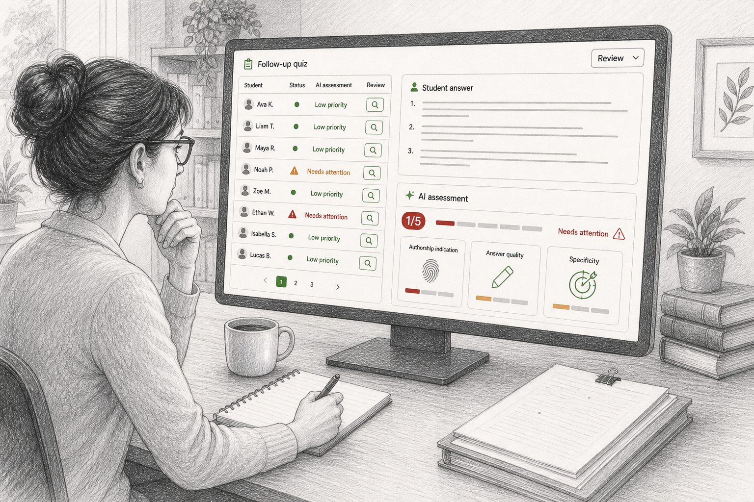 MATCHA's AI provides a preliminary evaluation of the follow-up quizzes to help the instructor focus on the cases that need the most attention.