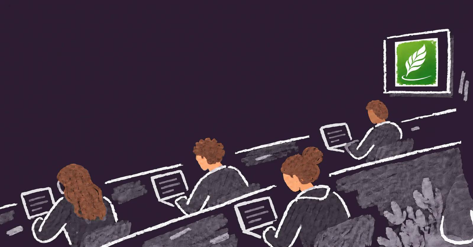 Editorial illustration of students using MATCHA Writer on laptops in a university lecture hall